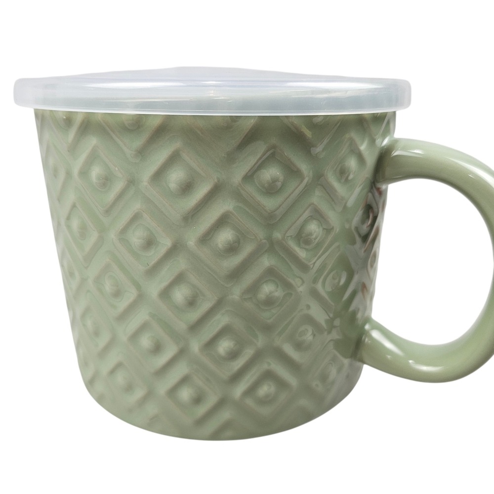 Crofton Sage Green Stoneware Soup Mug‎ with Vented Lid Diamond Lattice Pattern